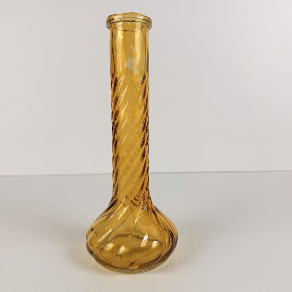 Vintage Amber Glass Swirl Vase Tall MCM Art Glass Bud Vase Decor